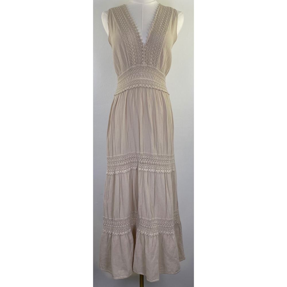 Seaspice Resort Wear Maxi Dress Womens Small Beige Cotton Crochet Boho Festival
